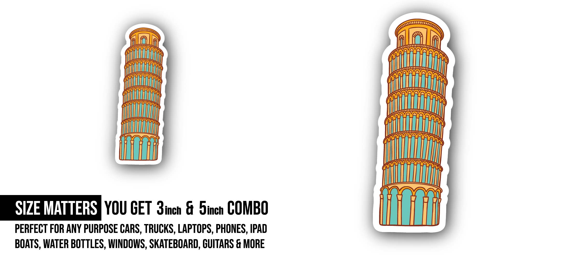 Tower of Pisa Sticker, Waterproof Vinyl Decal Sticker Indoor Or Outdoor 2 (Pieces) 3" and 5"