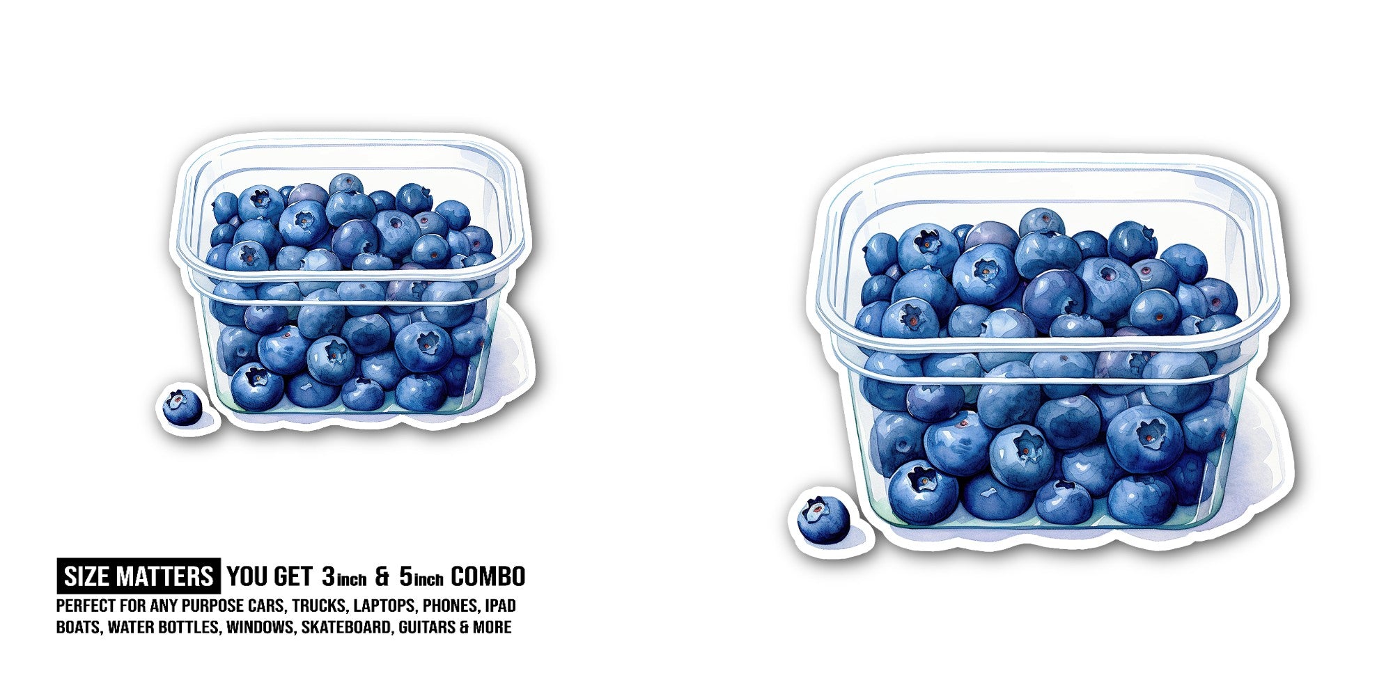 Blueberry With Cute Bowl Sticker, Waterproof Vinyl Decal Sticker Indoor Or Outdoor 2 (Pieces) 3" and 5"