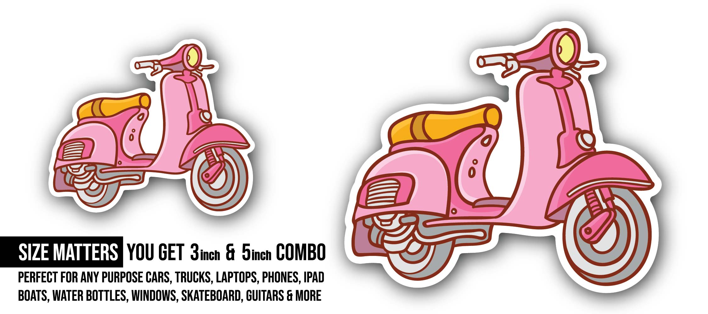 Pink Scooter Sticker, Waterproof Vinyl Decal Sticker Indoor Or Outdoor 2 (Pieces) 3" and 5"