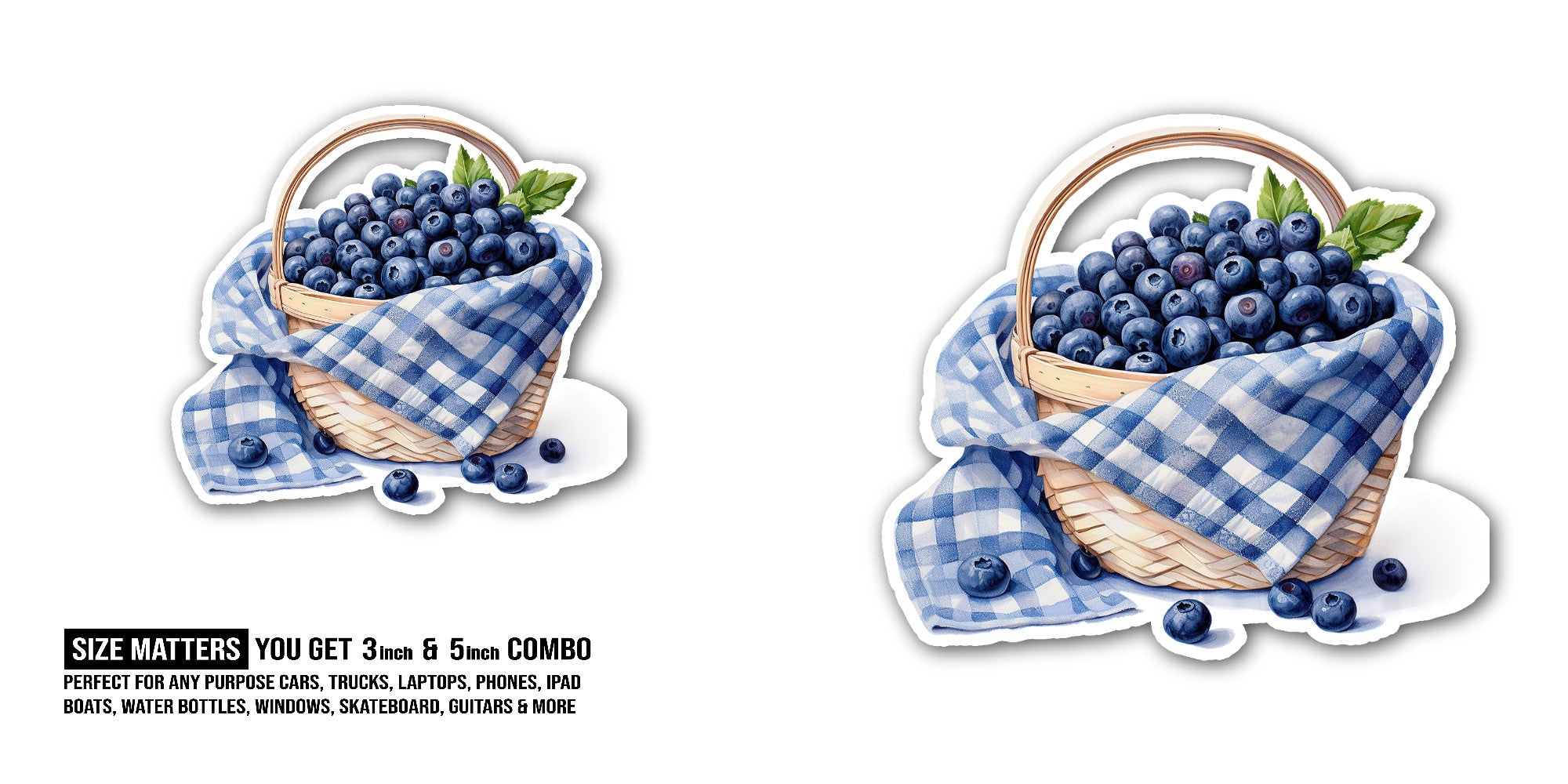Bowl of blueberries Sticker, Waterproof Vinyl Decal Sticker Indoor Or Outdoor 2 (Pieces) 3" and 5"