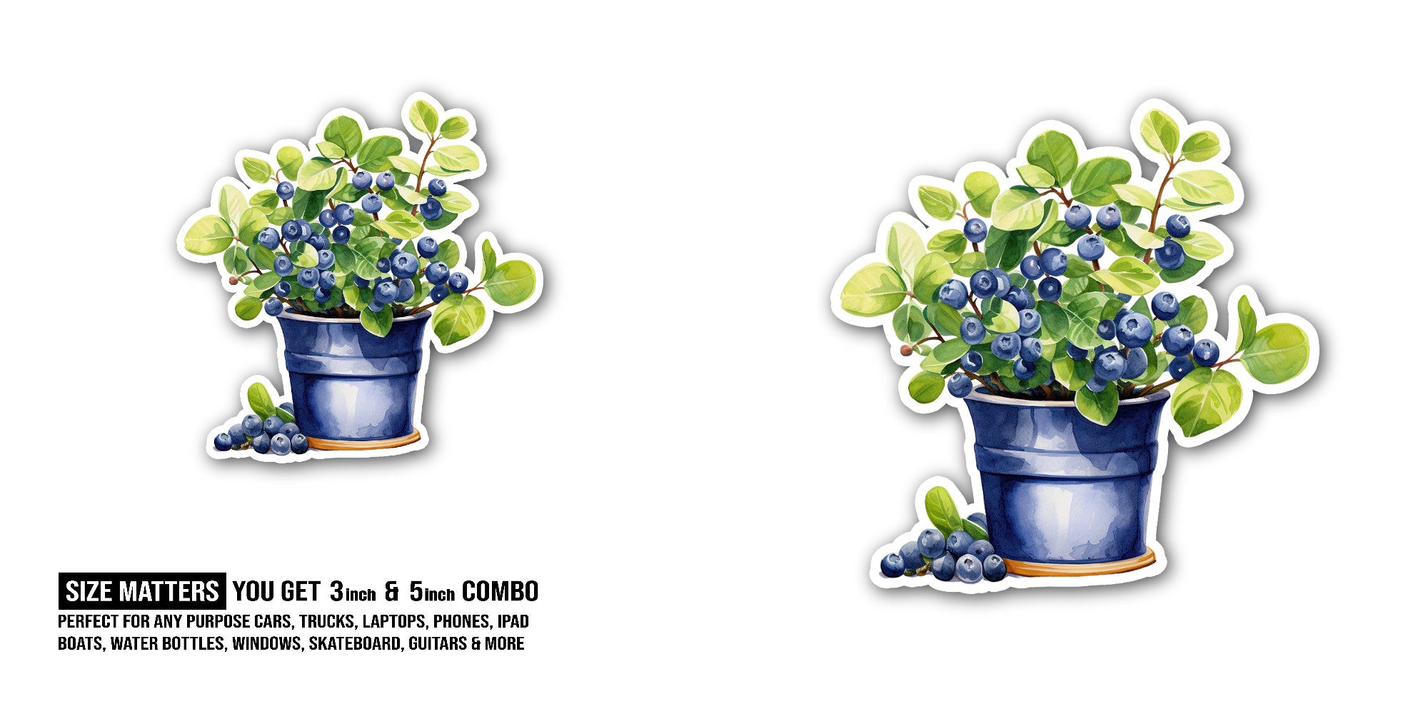 Blueberry basket Sticker, Waterproof Vinyl Decal Sticker Indoor Or Outdoor 2 (Pieces) 3" and 5"