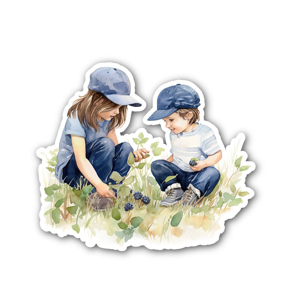 Berry Picking Children Sticker, Waterproof Vinyl Decal Sticker Indoor Or Outdoor 2 (Pieces) 3" and 5"
