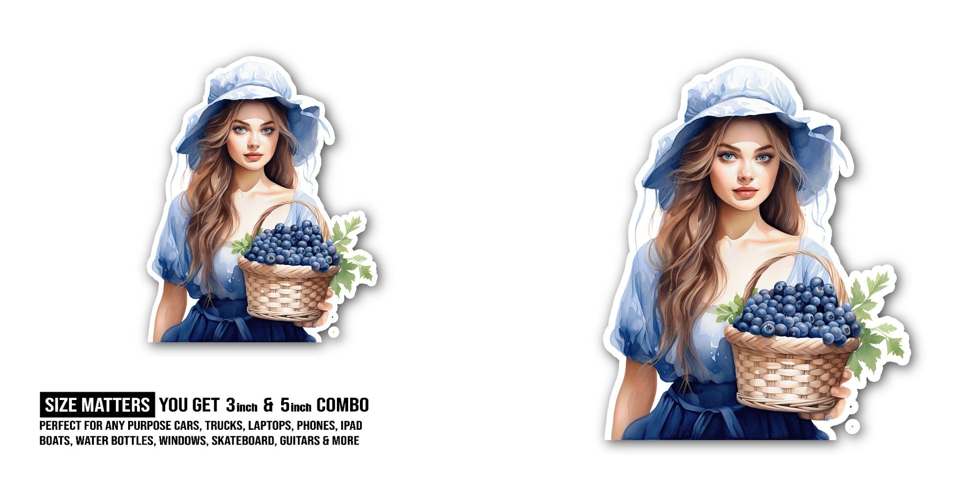 woman holding a basket Sticker, Waterproof Vinyl Decal Sticker Indoor Or Outdoor 2 (Pieces) 3" and 5"