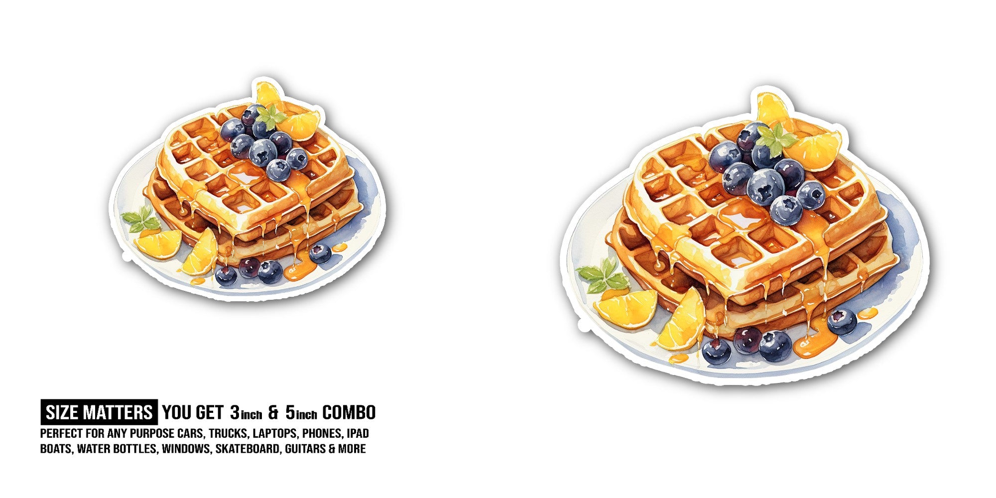 Waffle and berries Sticker, Waterproof Vinyl Decal Sticker Indoor Or Outdoor 2 (Pieces) 3" and 5"