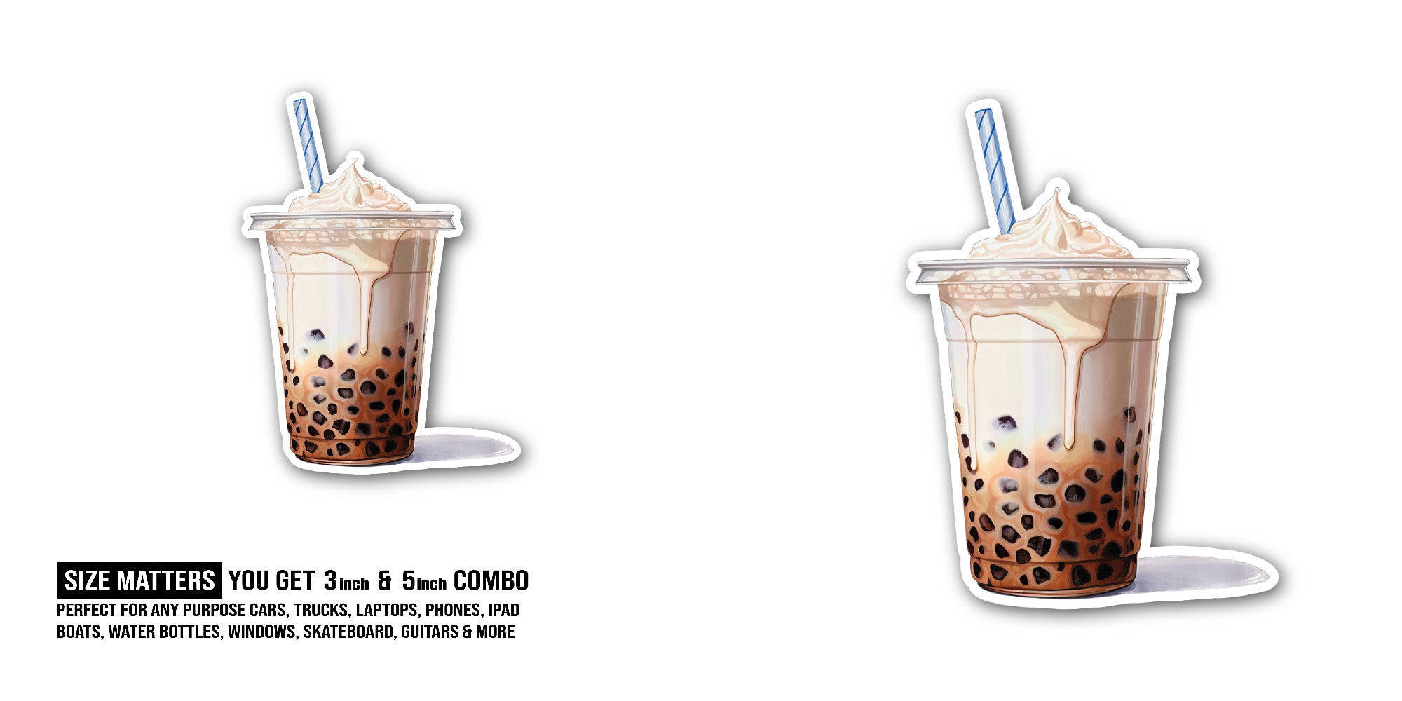 Brown Colour Bubble Tea Sticker, Waterproof Vinyl Decal Sticker Indoor Or Outdoor 2 (Pieces) 3" and 5"