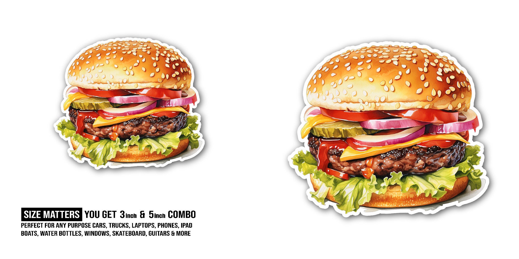 Cute Burger Sticker, Waterproof Vinyl Decal Sticker Indoor Or Outdoor 2 (Pieces) 3" and 5"