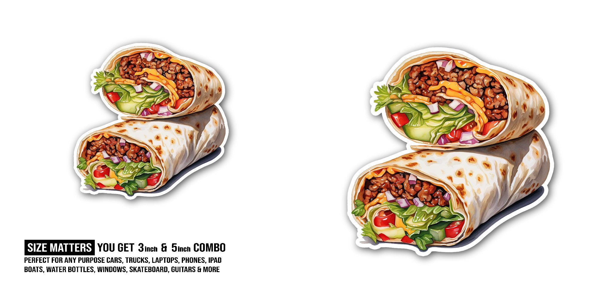 Burrito Street Food Sticker, Waterproof Vinyl Decal Sticker Indoor Or Outdoor 2 (Pieces) 3" and 5"