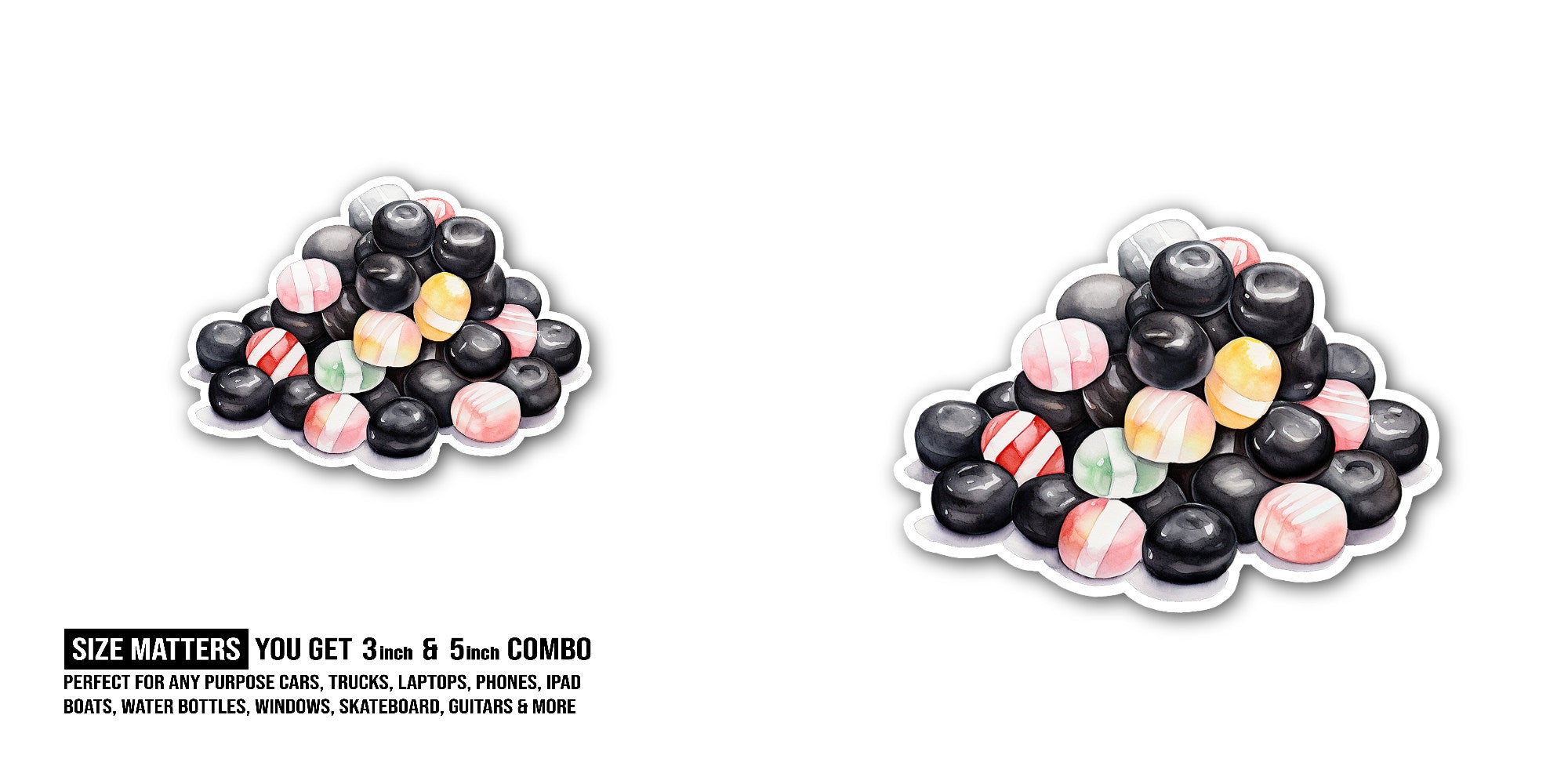 Tasty Liquorice Sweets Sticker, Waterproof Vinyl Decal Sticker Indoor Or Outdoor 2 (Pieces) 3" and 5"