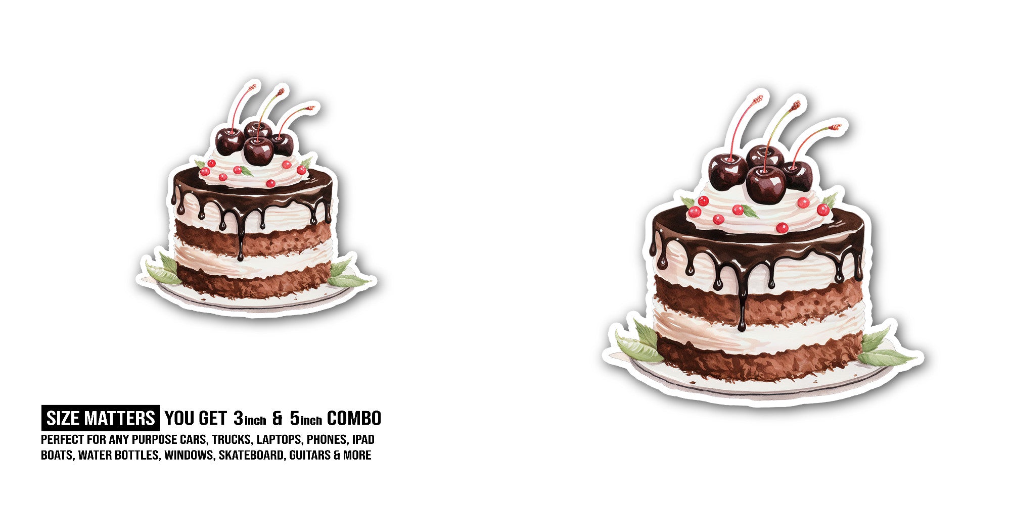 Cute Black forest cake Sticker, Waterproof Vinyl Decal Sticker Indoor Or Outdoor 2 (Pieces) 3" and 5"
