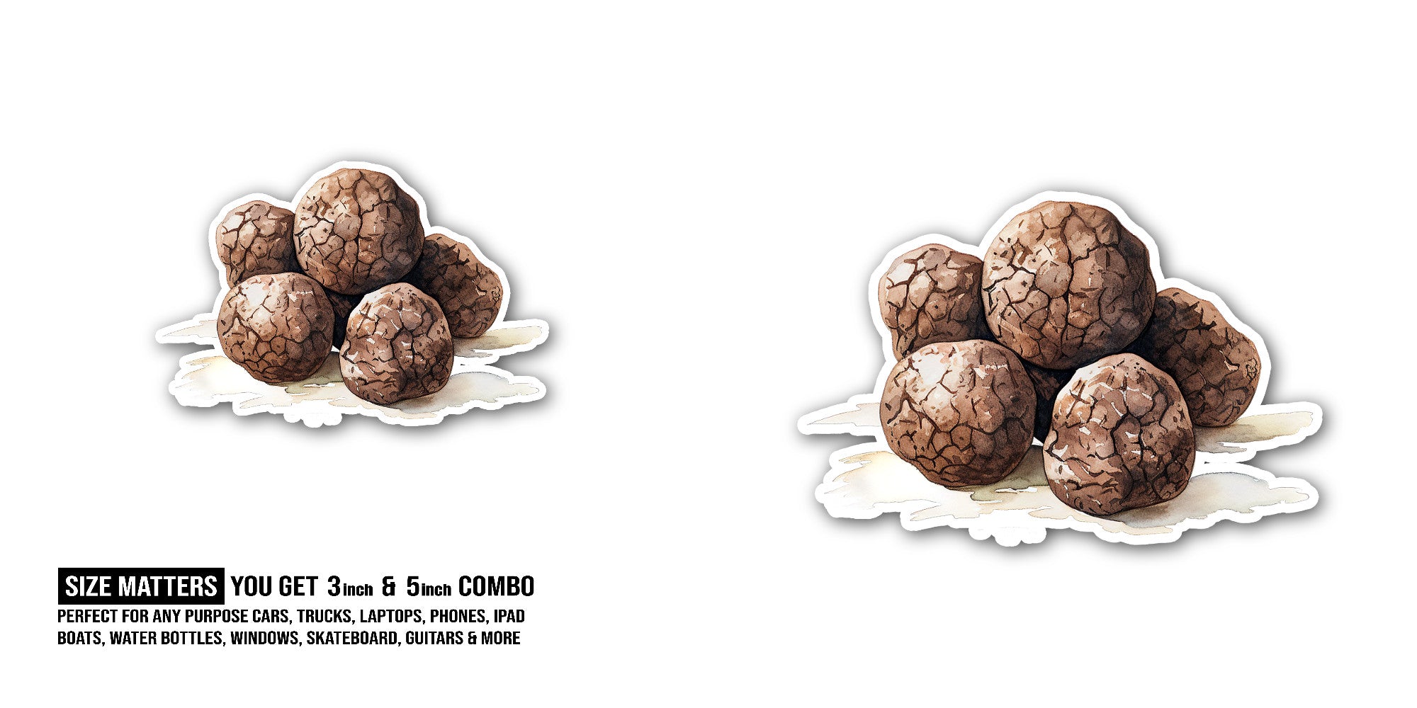 Black truffles Sticker, Waterproof Vinyl Decal Sticker Indoor Or Outdoor 2 (Pieces) 3" and 5"