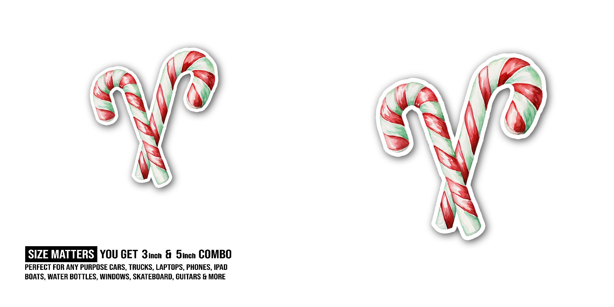 Red Candy Cane Sweets Sticker, Waterproof Vinyl Decal Sticker Indoor Or Outdoor 2 (Pieces) 3" and 5"