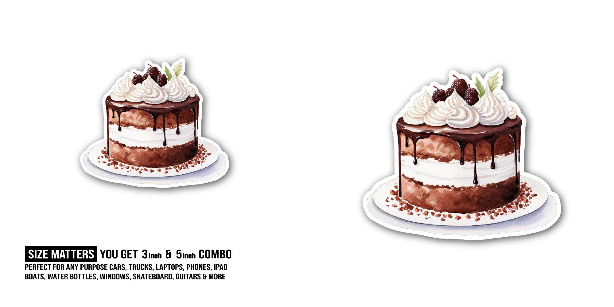 Beautiful Chocolate cake Sticker, Waterproof Vinyl Decal Sticker Indoor Or Outdoor 2 (Pieces) 3" and 5"
