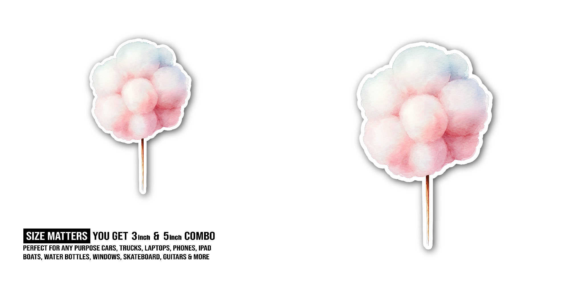 Pink Colour Cotton Candy Sticker, Waterproof Vinyl Decal Sticker Indoor Or Outdoor 2 (Pieces) 3" and 5"