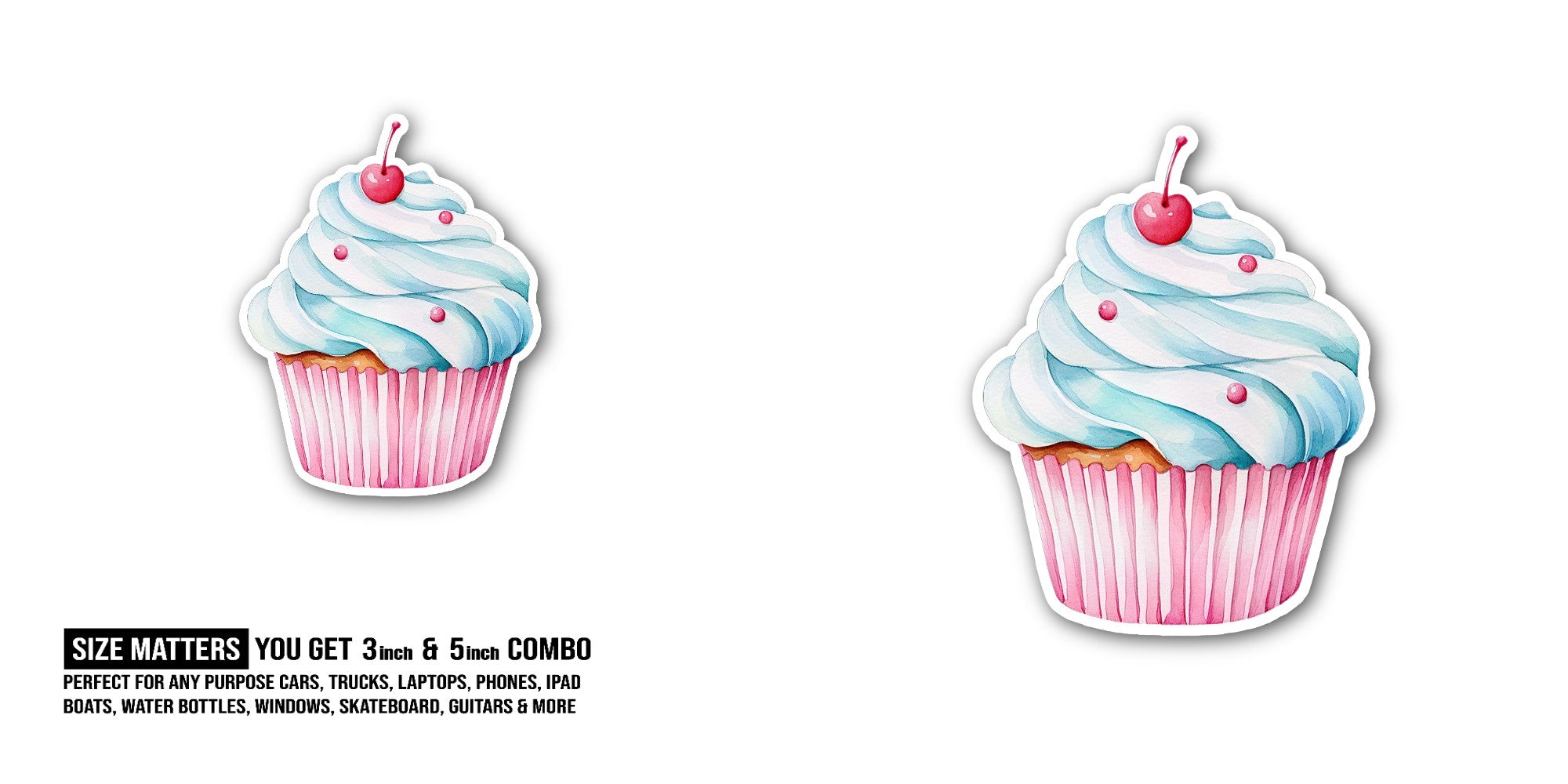 Cute Blue icing Cupcake Sticker, Waterproof Vinyl Decal Sticker Indoor Or Outdoor 2 (Pieces) 3" and 5"