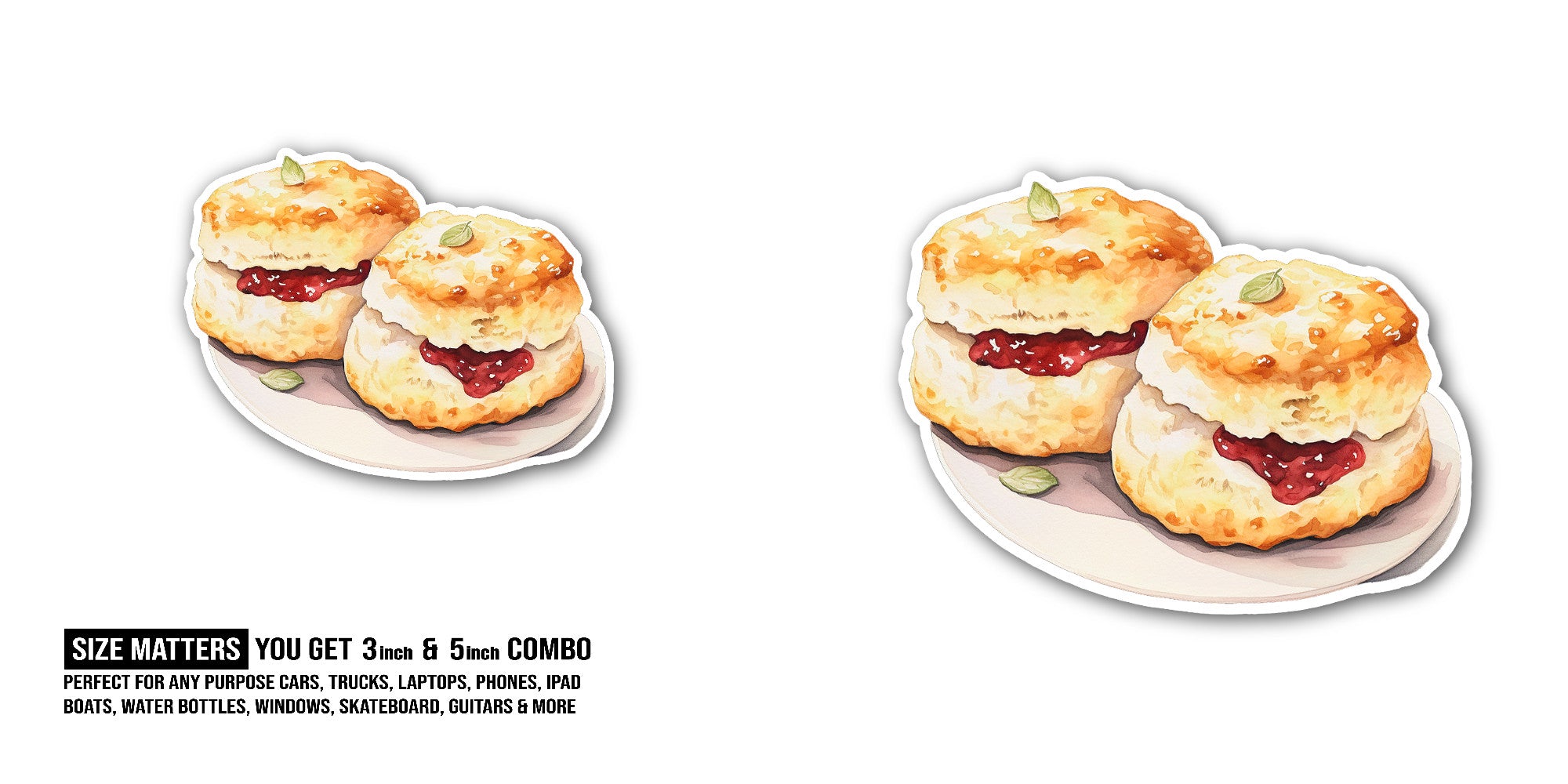 Tasty cheese scone Sticker, Waterproof Vinyl Decal Sticker Indoor Or Outdoor 2 (Pieces) 3" and 5"
