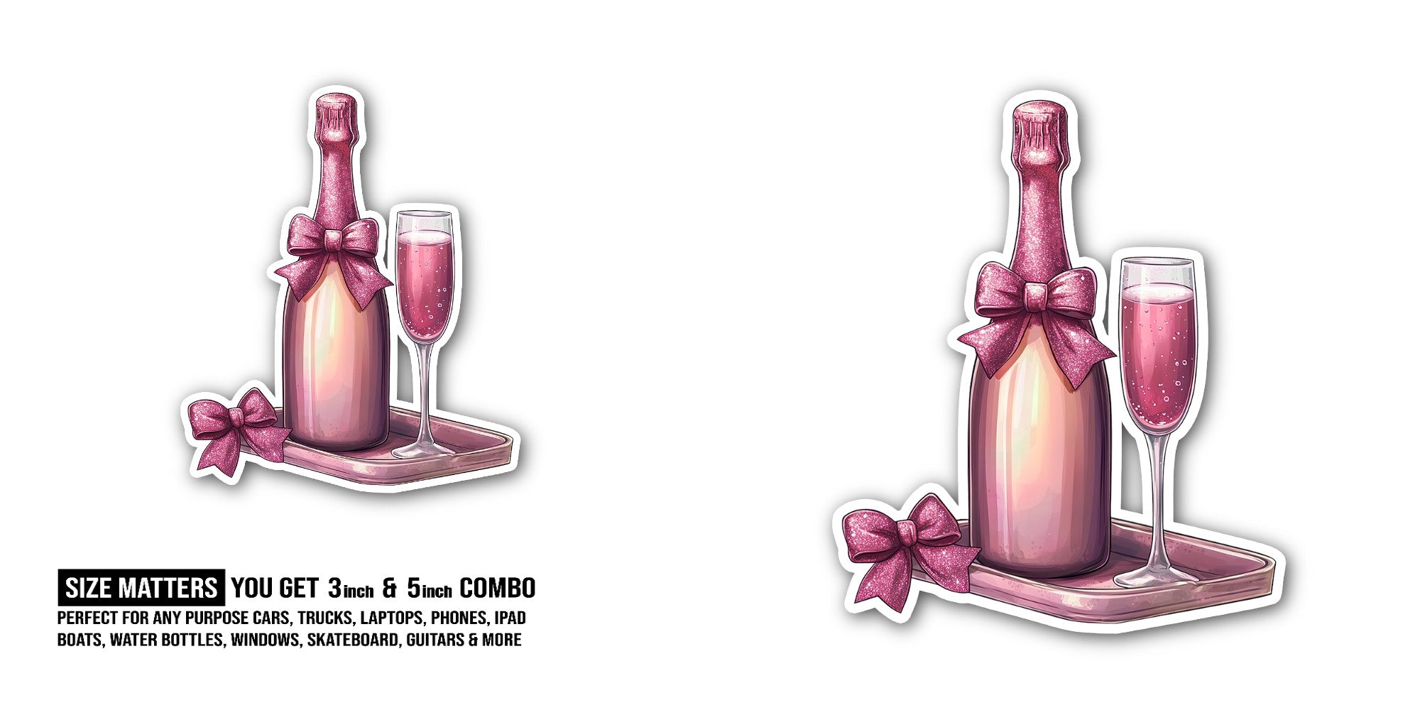 Pink Champagne Sticker, Waterproof Vinyl Decal Sticker Indoor Or Outdoor 2 (Pieces) 3" and 5"