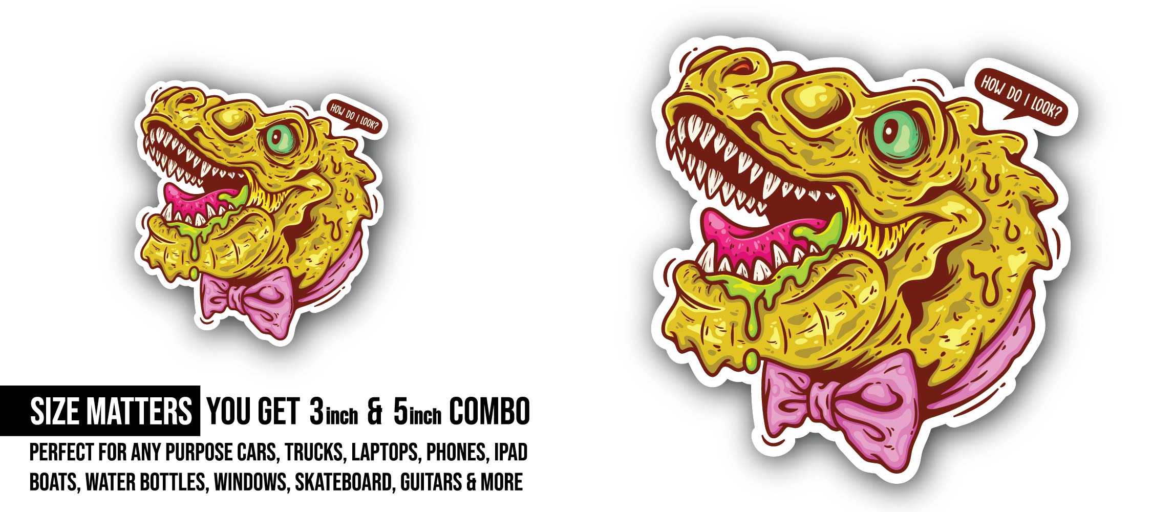 Dinosaur Doodle Sticker, Waterproof Vinyl Decal Sticker Indoor Or Outdoor 2 (Pieces) 3" and 5"