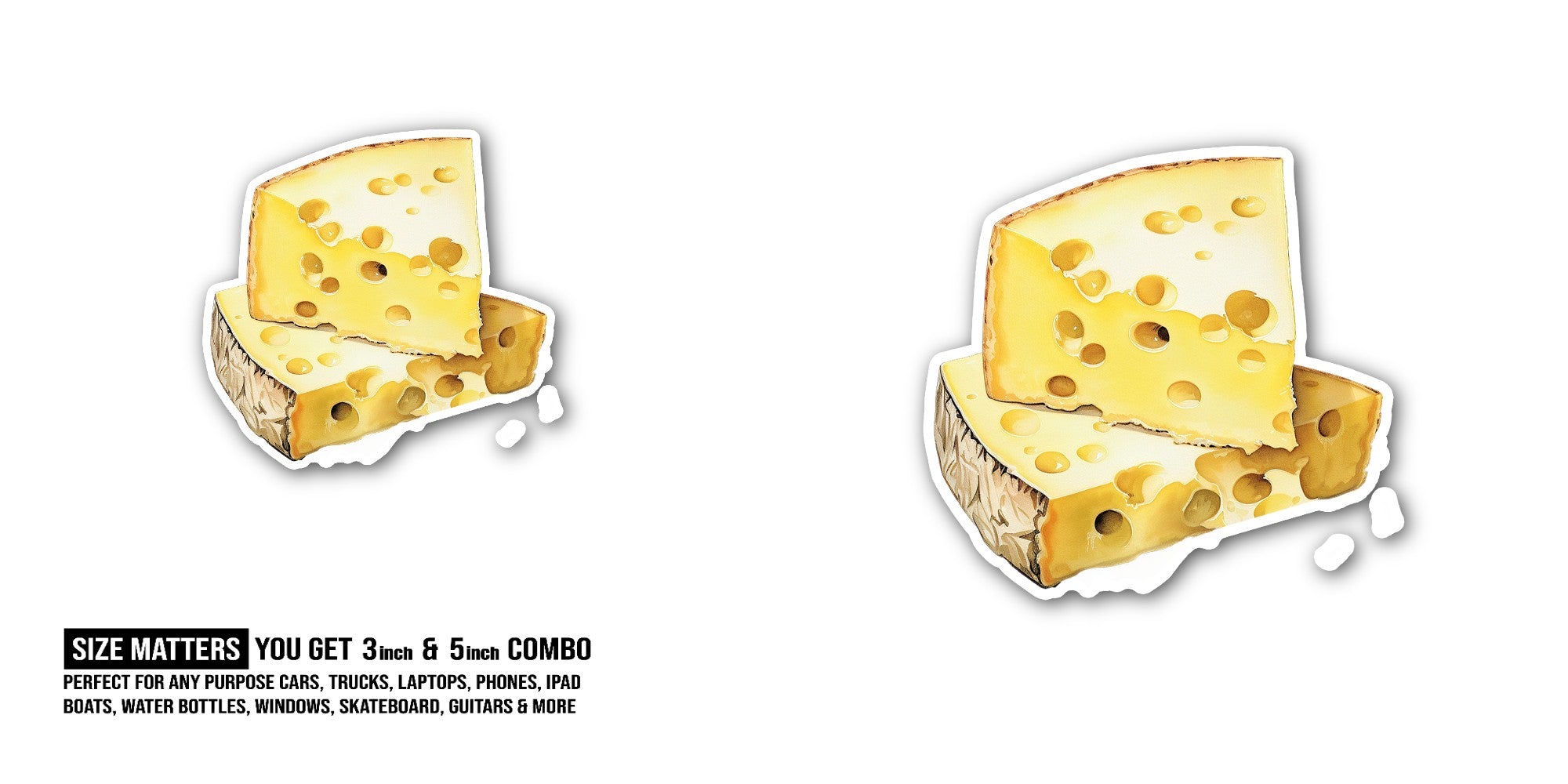 Swiss cheese Sticker, Waterproof Vinyl Decal Sticker Indoor Or Outdoor 2 (Pieces) 3" and 5"