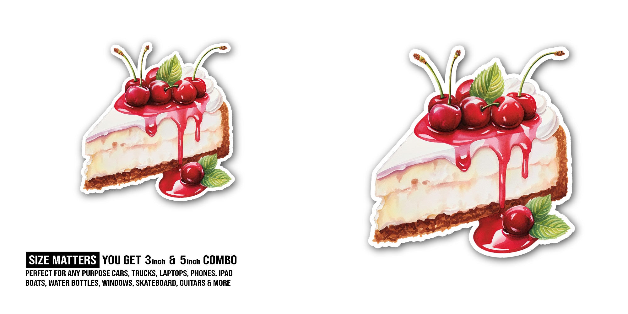 Cherry Cake Sticker, Waterproof Vinyl Decal Sticker Indoor Or Outdoor 2 (Pieces) 3" and 5"