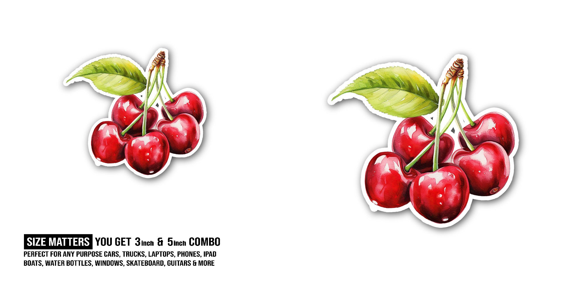 Vibrant Cherry Sticker, Waterproof Vinyl Decal Sticker Indoor Or Outdoor 2 (Pieces) 3" and 5"