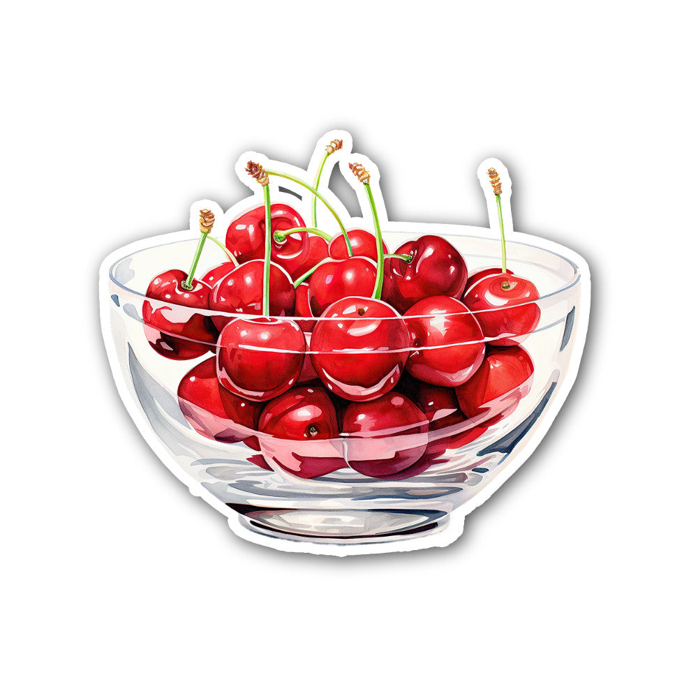 Bowl of fresh red cherries Sticker, Waterproof Vinyl Decal Sticker Indoor Or Outdoor 2 (Pieces) 3" and 5"