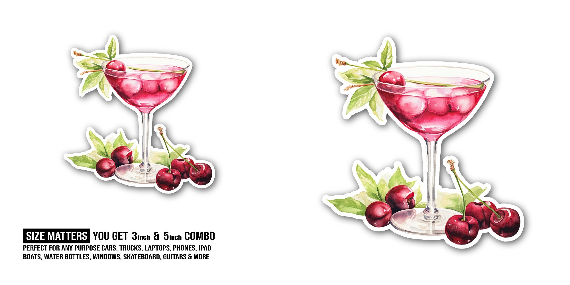 Cherry cocktail Sticker, Waterproof Vinyl Decal Sticker Indoor Or Outdoor 2 (Pieces) 3" and 5"