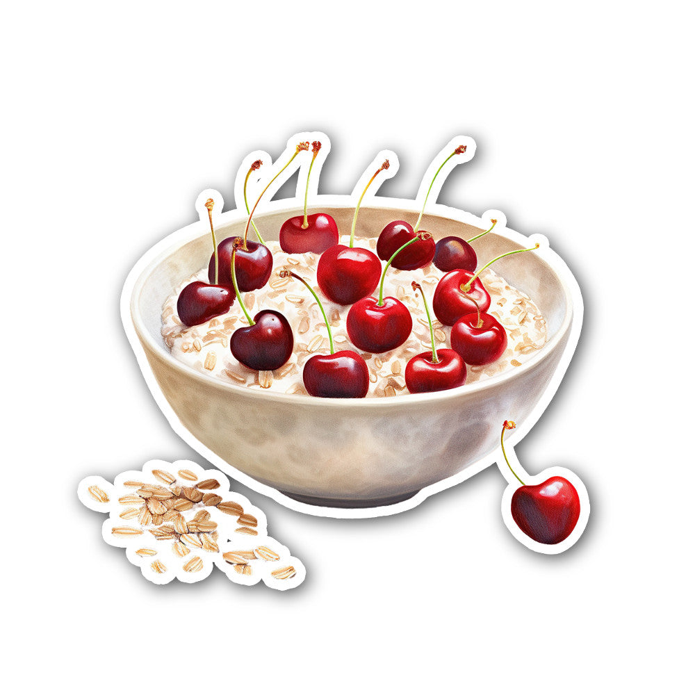 Oatmeal with Cherries Sticker, Waterproof Vinyl Decal Sticker Indoor Or Outdoor 2 (Pieces) 3" and 5"