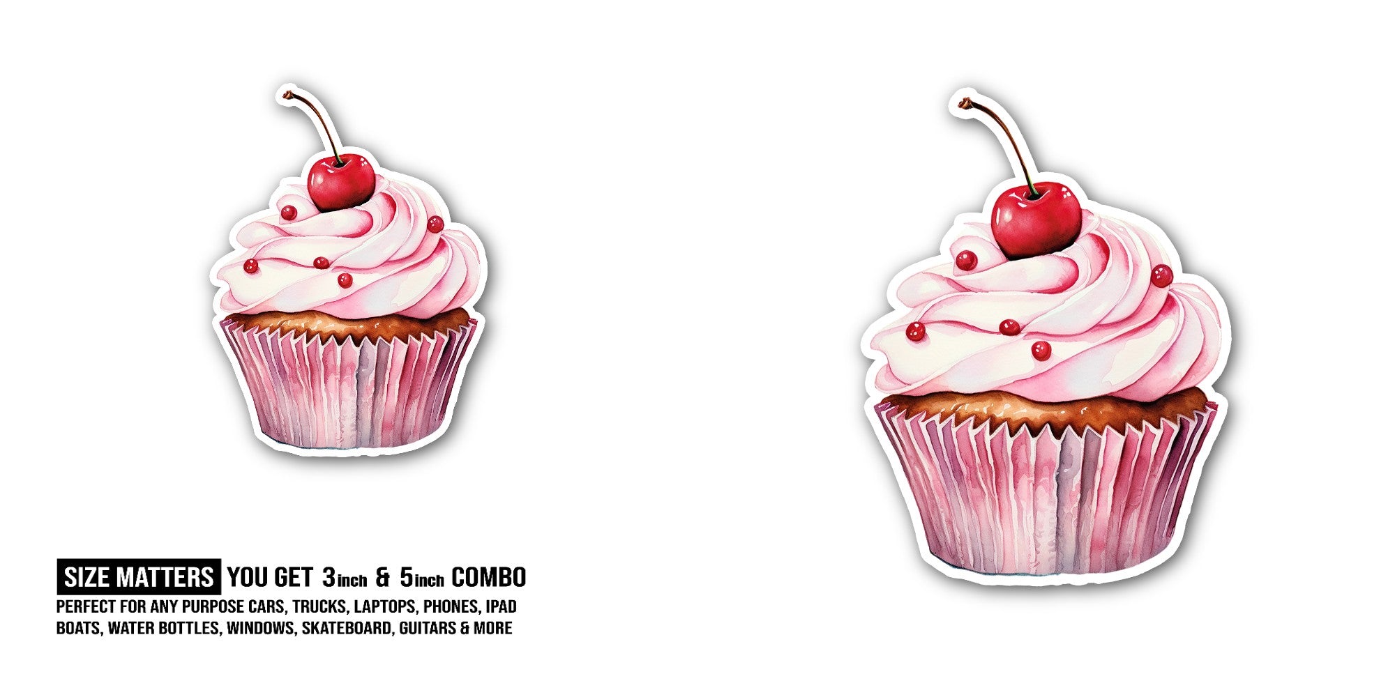 Cute dessert cupcake Sticker, Waterproof Vinyl Decal Sticker Indoor Or Outdoor 2 (Pieces) 3" and 5"
