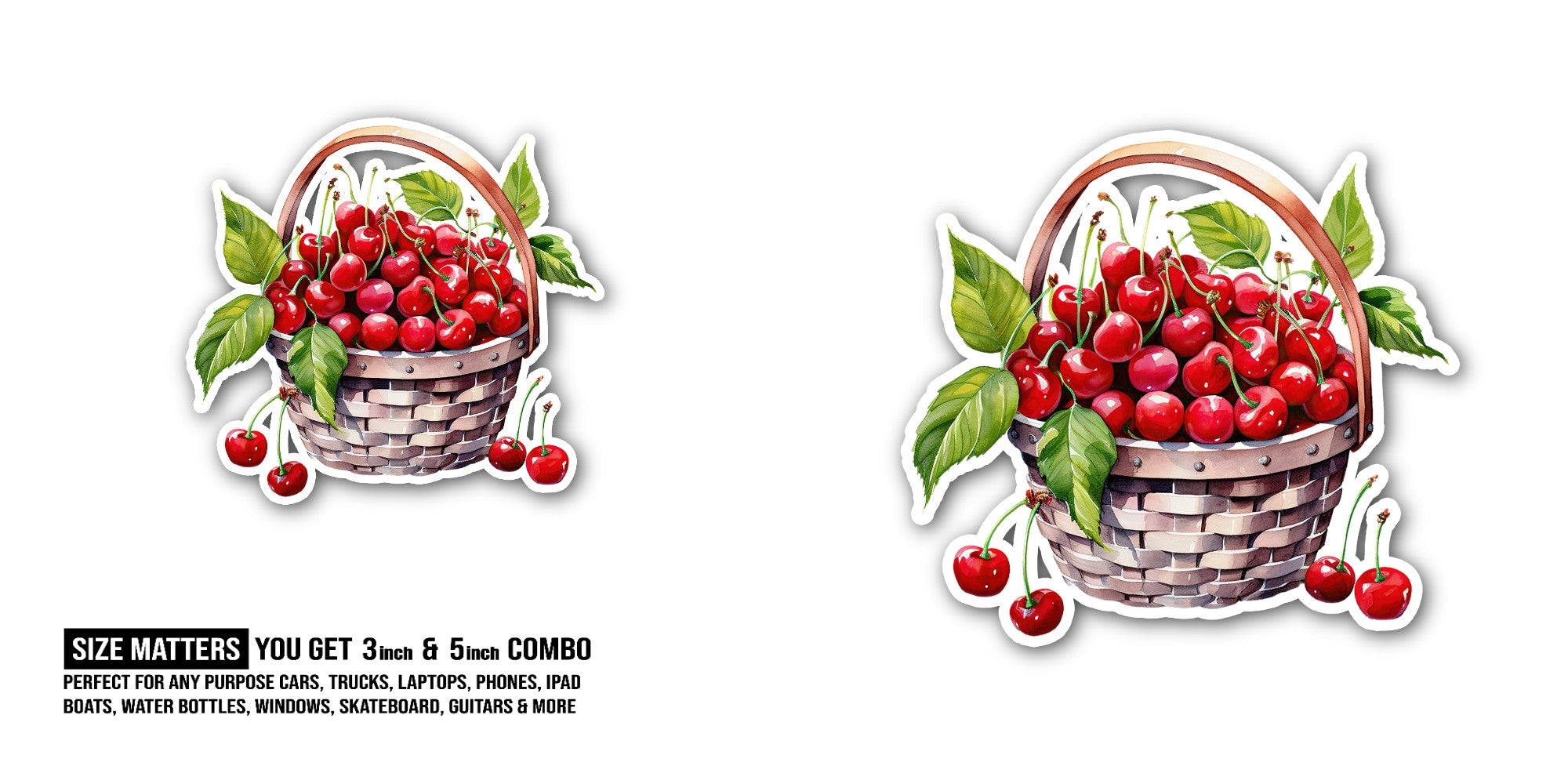 Cherry basket Sticker, Waterproof Vinyl Decal Sticker Indoor Or Outdoor 2 (Pieces) 3" and 5"