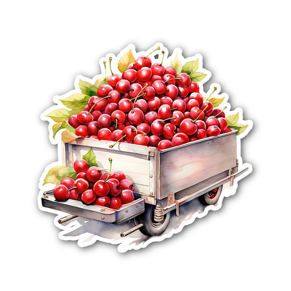 Cart of Cherries Sticker, Waterproof Vinyl Decal Sticker Indoor Or Outdoor 2 (Pieces) 3" and 5"