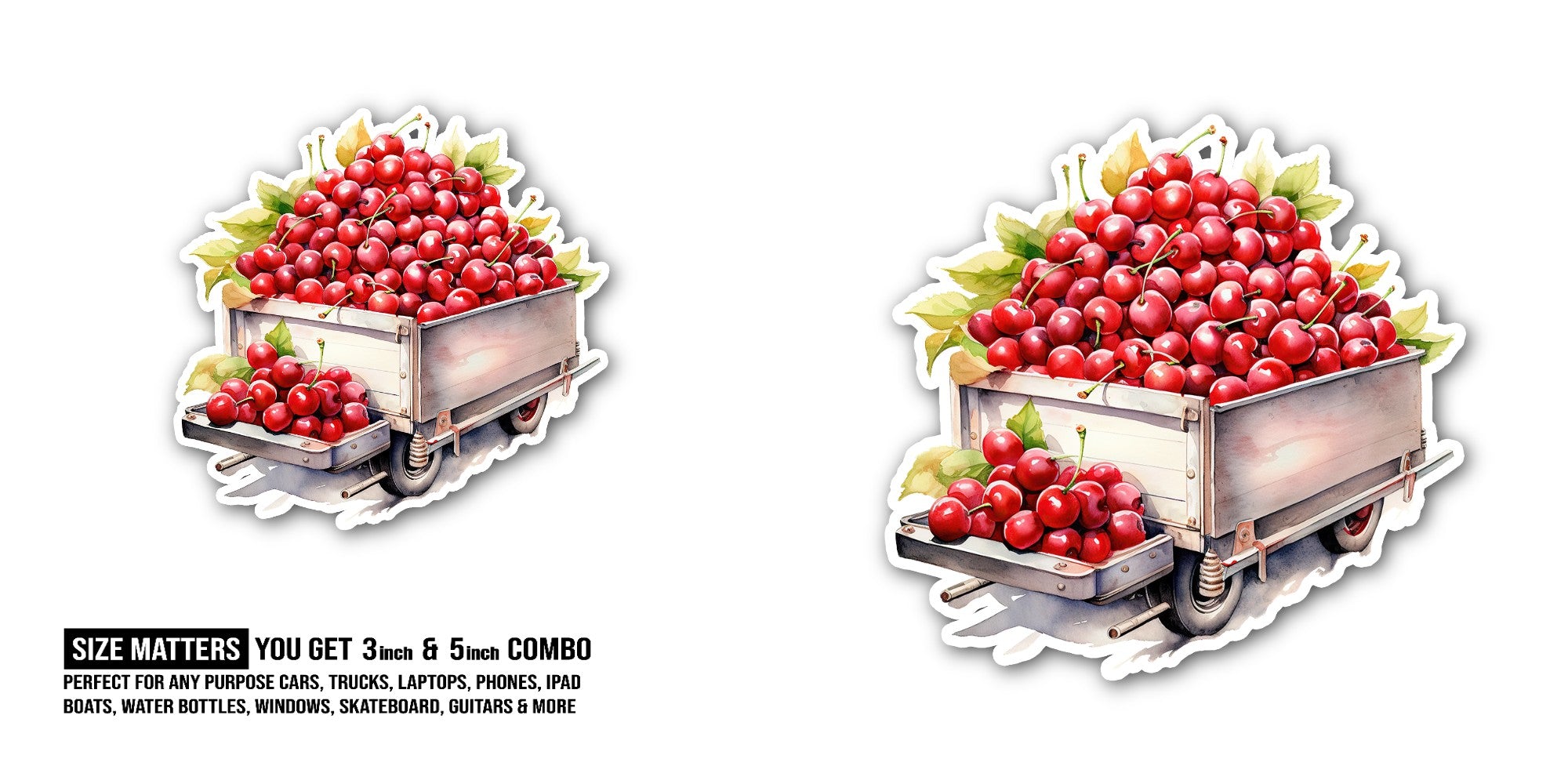 Cart of Cherries Sticker, Waterproof Vinyl Decal Sticker Indoor Or Outdoor 2 (Pieces) 3" and 5"