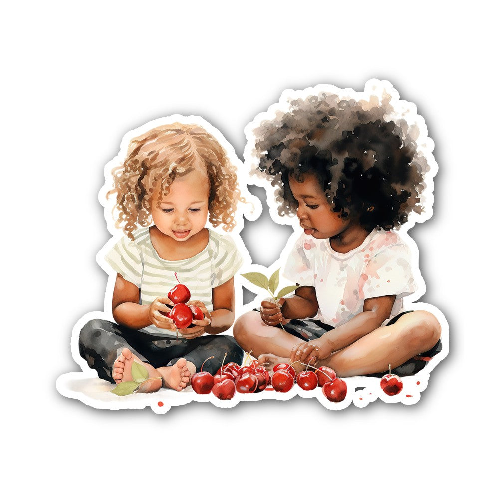 Children with Cherries Sticker, Waterproof Vinyl Decal Sticker Indoor Or Outdoor 2 (Pieces) 3" and 5"