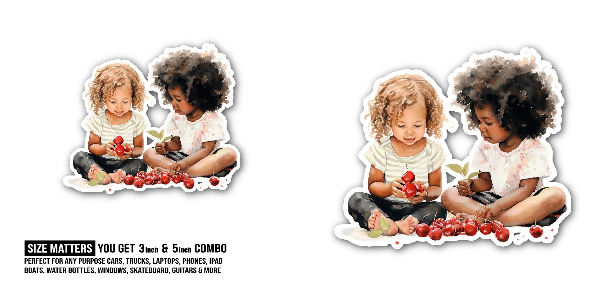 Children with Cherries Sticker, Waterproof Vinyl Decal Sticker Indoor Or Outdoor 2 (Pieces) 3" and 5"