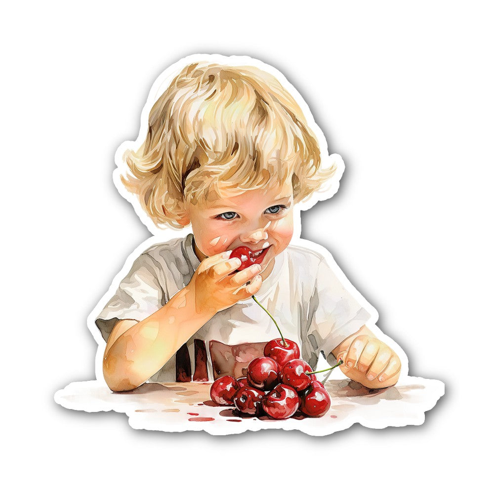 Girl Eat Cherry Sticker, Waterproof Vinyl Decal Sticker Indoor Or Outdoor 2 (Pieces) 3" and 5"