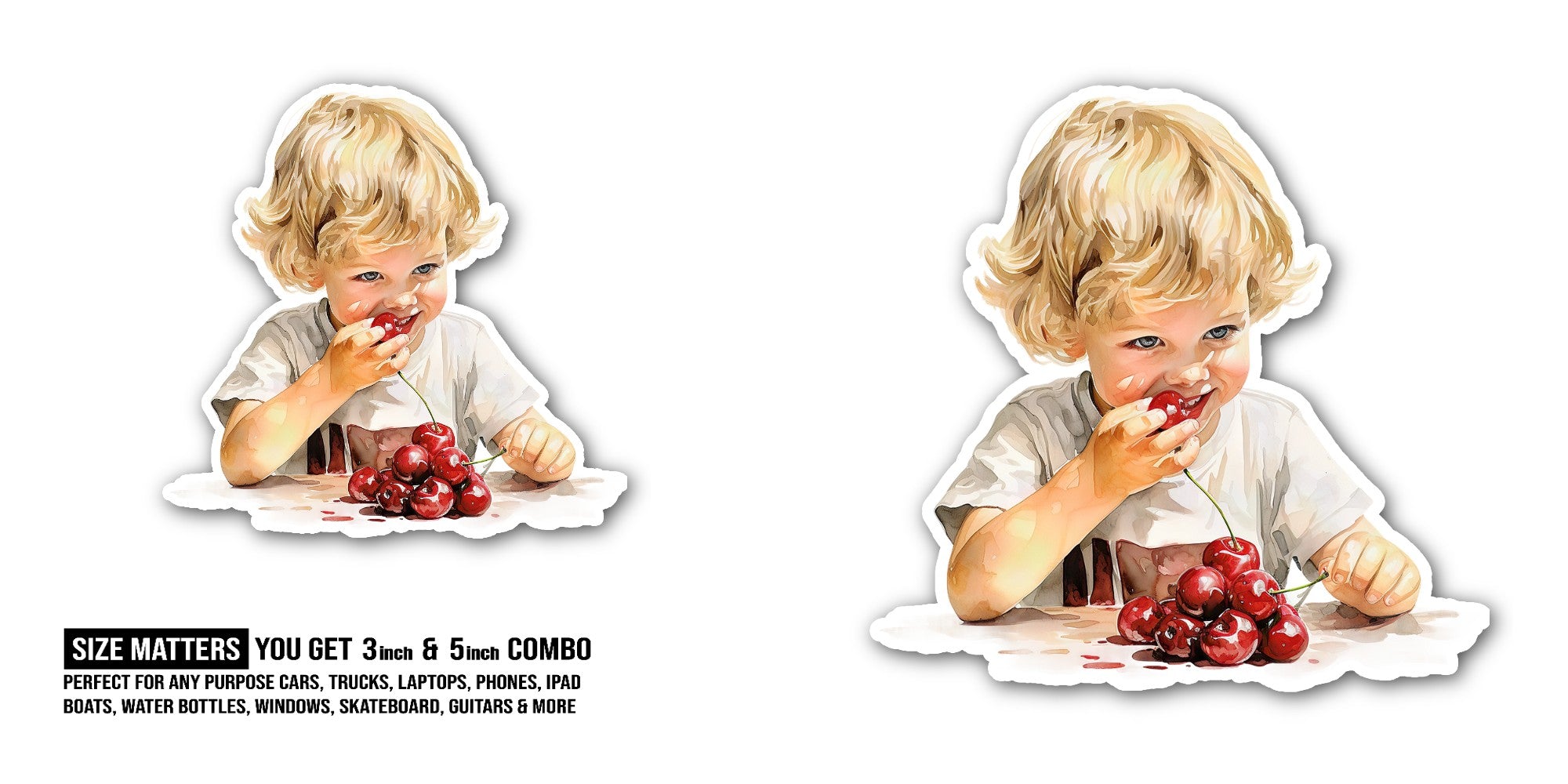 Girl Eat Cherry Sticker, Waterproof Vinyl Decal Sticker Indoor Or Outdoor 2 (Pieces) 3" and 5"