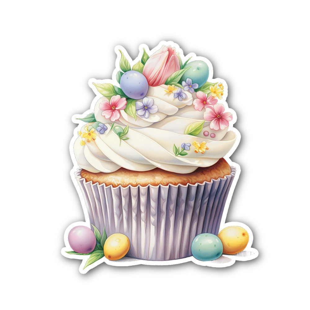 Cupcake with spring theme Sticker, Waterproof Vinyl Decal Sticker Indoor Or Outdoor 2 (Pieces) 3" and 5"