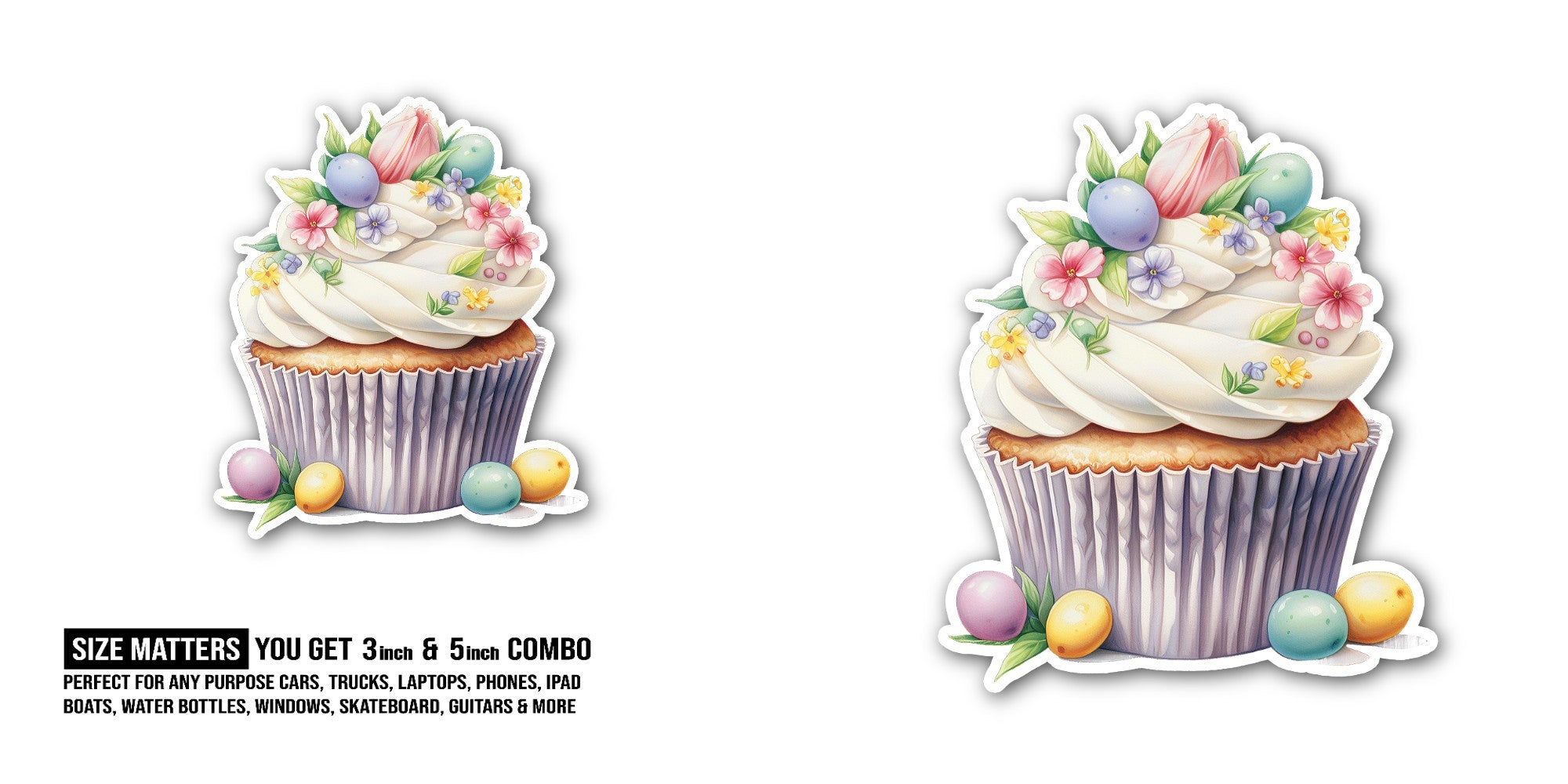 Cupcake with spring theme Sticker, Waterproof Vinyl Decal Sticker Indoor Or Outdoor 2 (Pieces) 3" and 5"