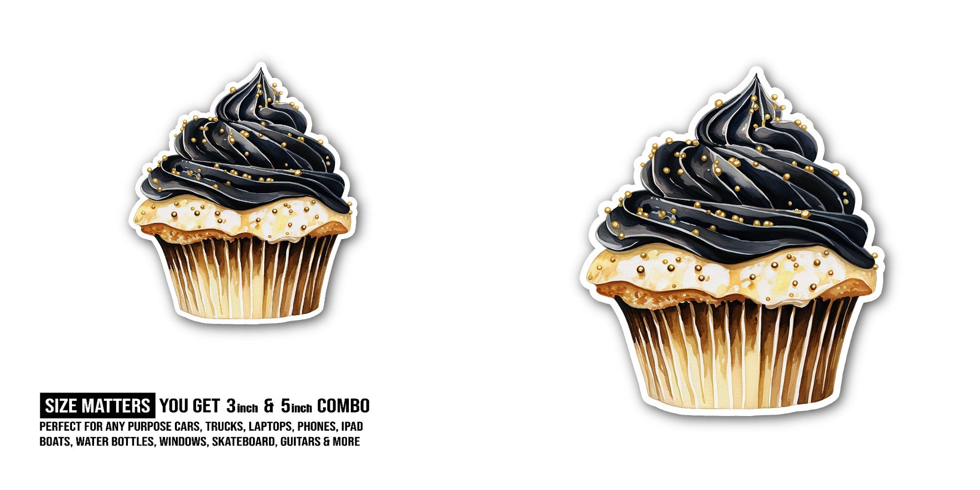 Cupcake with black frosting Sticker, Waterproof Vinyl Decal Sticker Indoor Or Outdoor 2 (Pieces) 3" and 5"