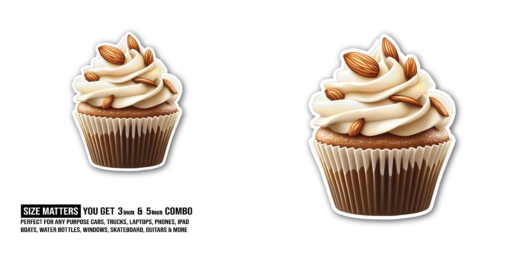 Almond cupcake Sticker, Waterproof Vinyl Decal Sticker Indoor Or Outdoor 2 (Pieces) 3" and 5"