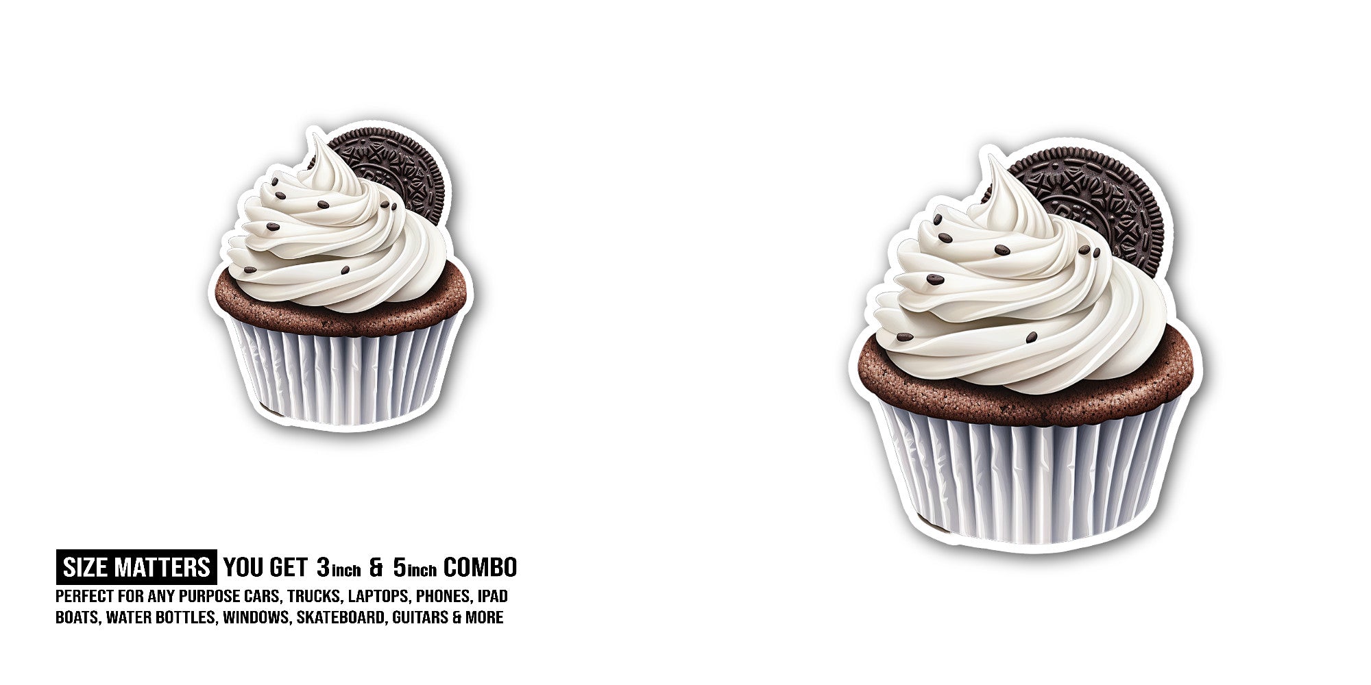 Cookies and Cream cupcake Sticker, Waterproof Vinyl Decal Sticker Indoor Or Outdoor 2 (Pieces) 3" and 5"
