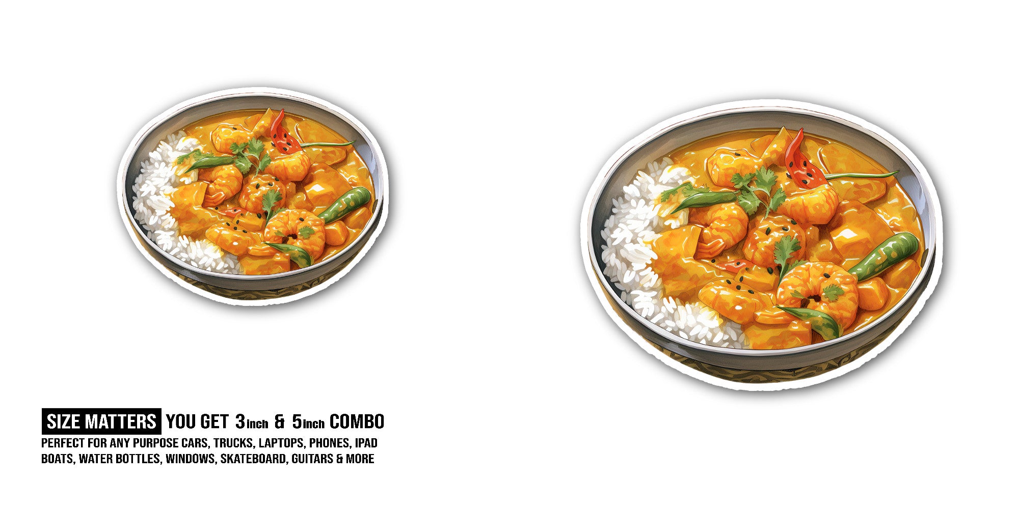 Bowl of Thai Yellow Curry Sticker, Waterproof Vinyl Decal Sticker Indoor Or Outdoor 2 (Pieces) 3" and 5"