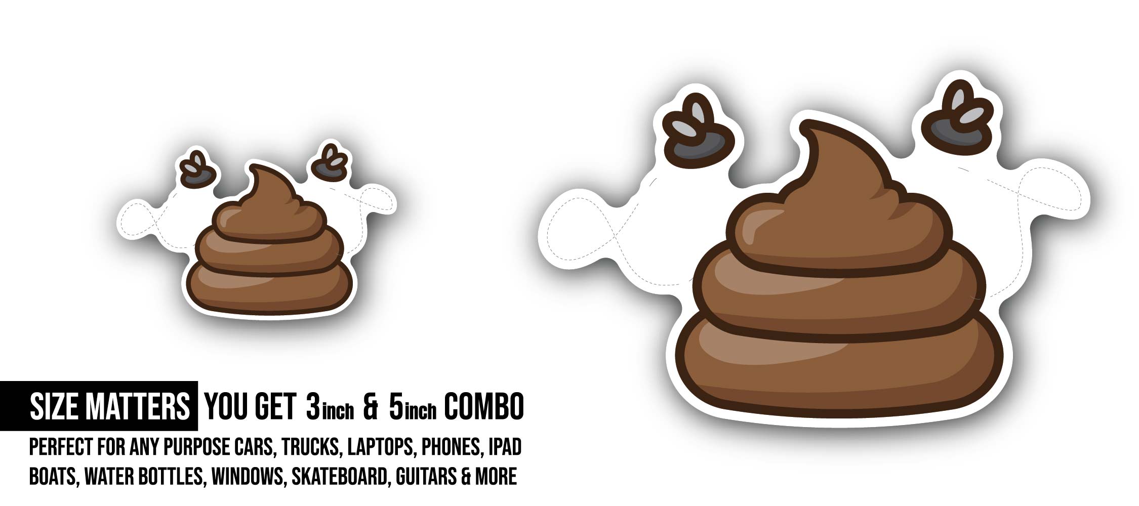 Poo Emoji Sticker, Waterproof Vinyl Decal Sticker Indoor Or Outdoor 2 (Pieces) 3" and 5"