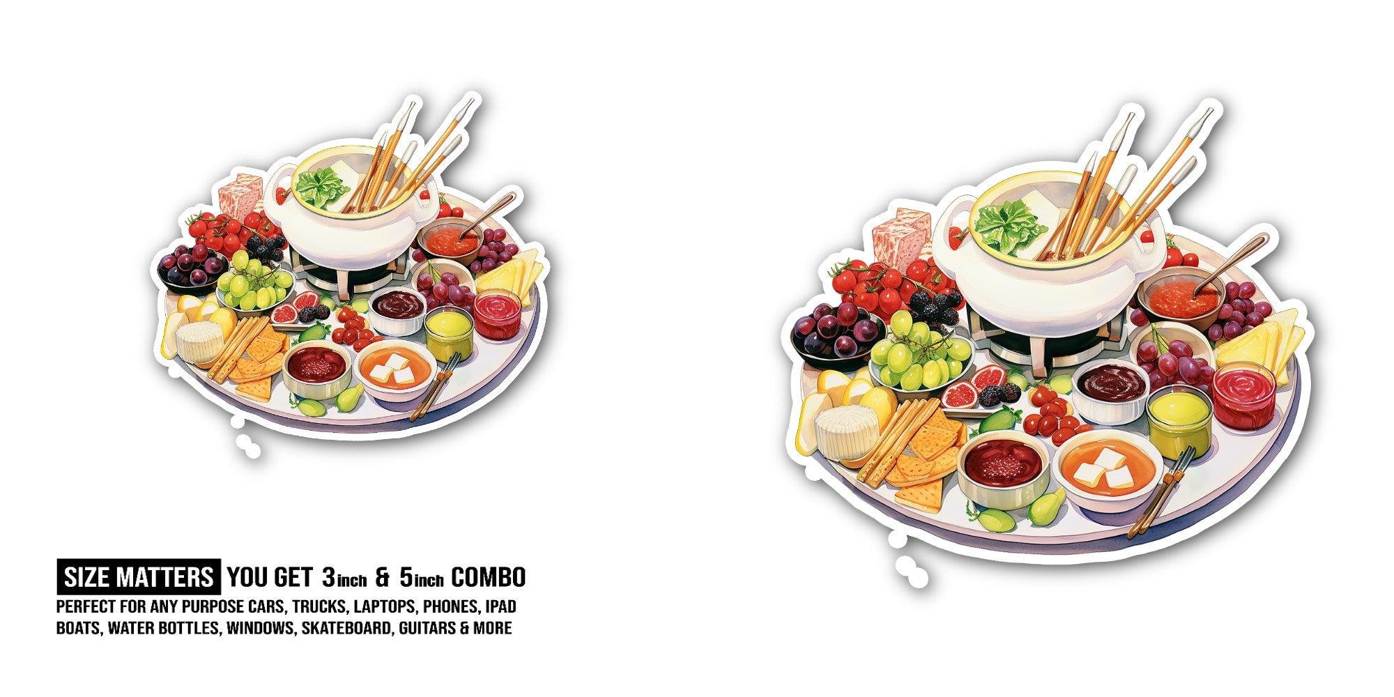CHEESE HOT POT & FRUIT PLATE Sticker, Waterproof Vinyl Decal Sticker Indoor Or Outdoor 2 (Pieces) 3" and 5"