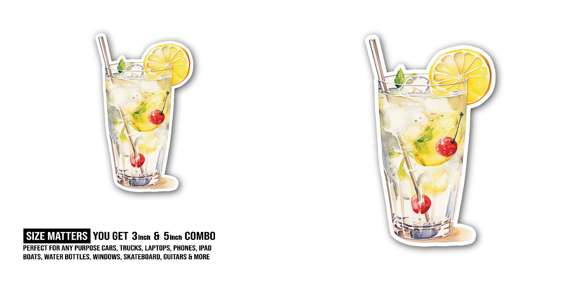 Tom Collins cocktail Sticker, Waterproof Vinyl Decal Sticker Indoor Or Outdoor 2 (Pieces) 3" and 5"