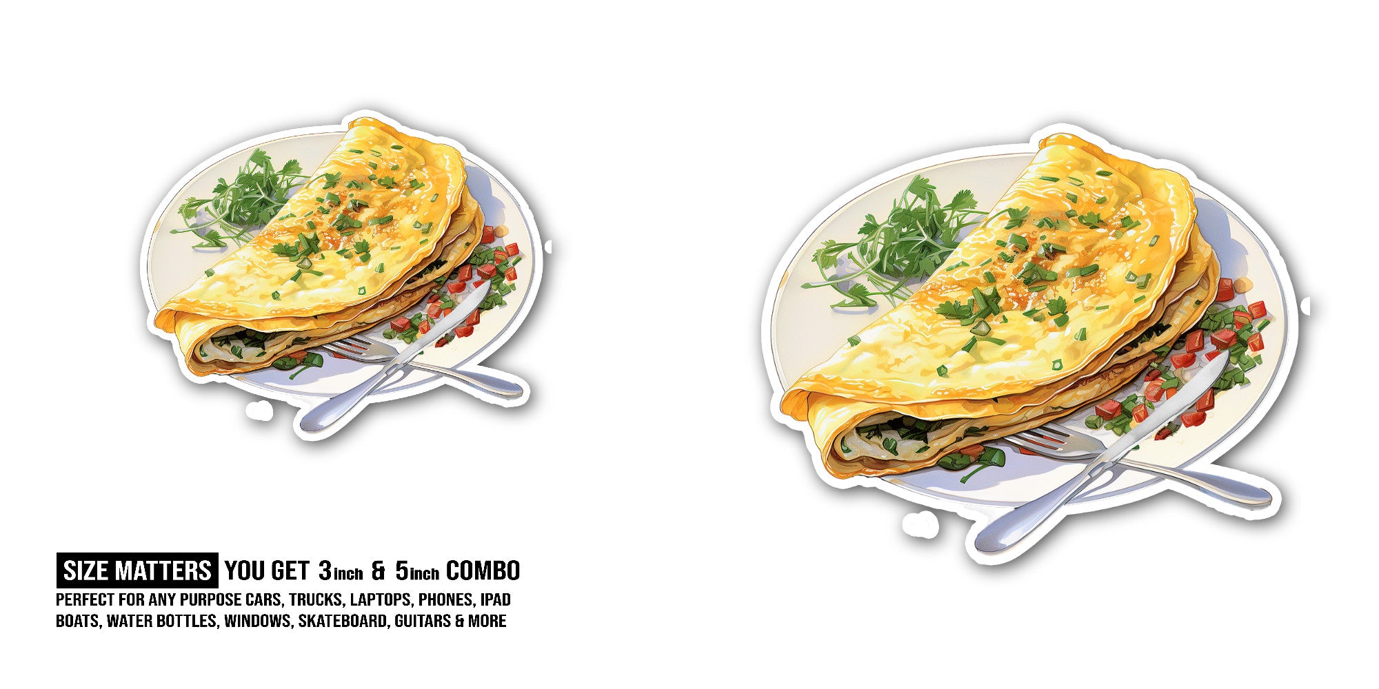 Omelet Sticker, Waterproof Vinyl Decal Sticker Indoor Or Outdoor 2 (Pieces) 3" and 5"