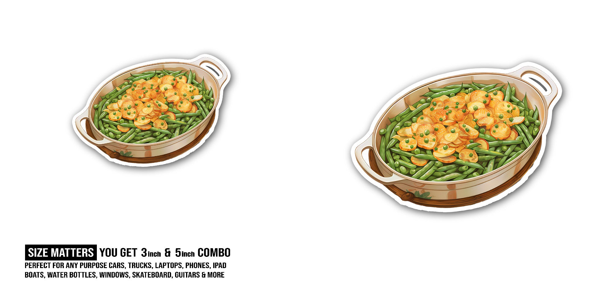 Green bean casserole Sticker, Waterproof Vinyl Decal Sticker Indoor Or Outdoor 2 (Pieces) 3" and 5"