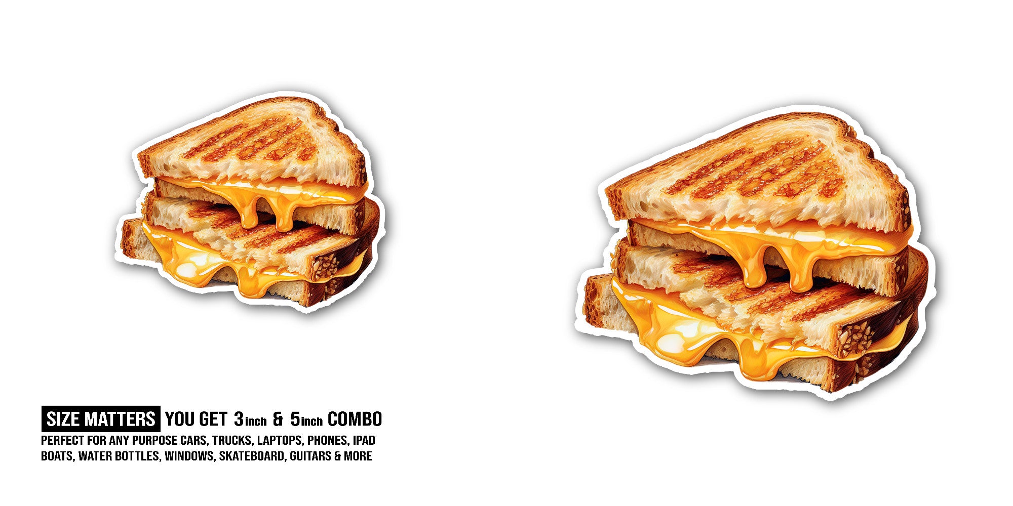 Grilled cheese Sticker, Waterproof Vinyl Decal Sticker Indoor Or Outdoor 2 (Pieces) 3" and 5"