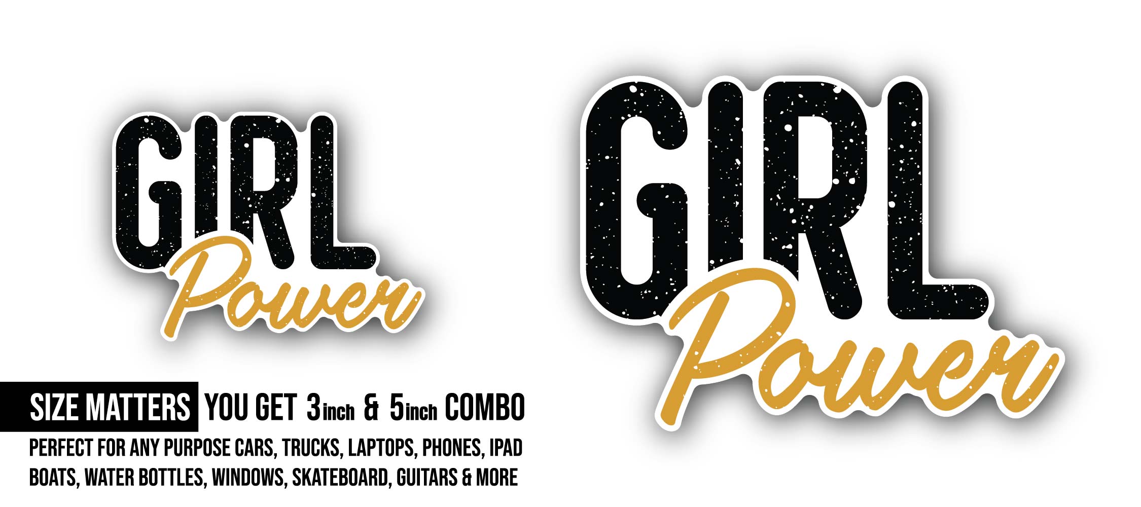Gold & Black Girl Power Sticker, Waterproof Vinyl Decal Sticker Indoor Or Outdoor 2 (Pieces) 3" and 5"