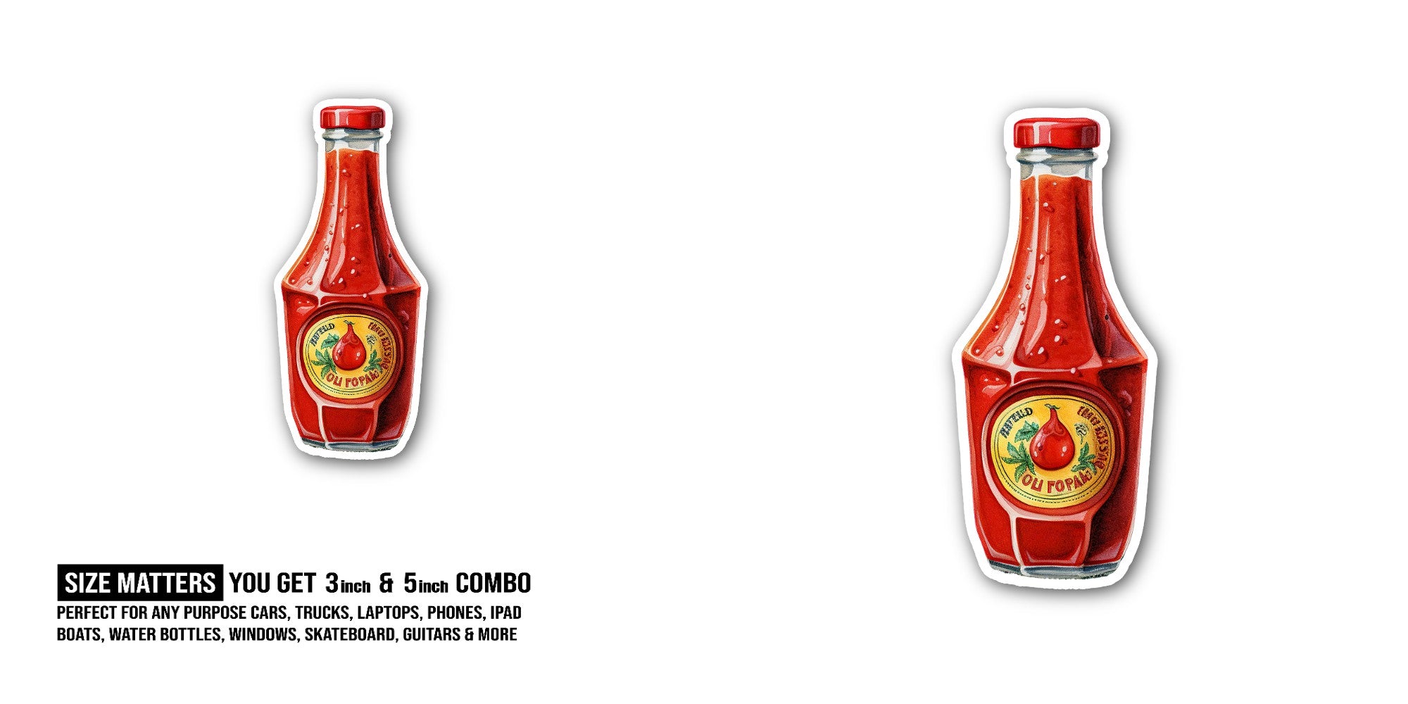 Cute Yummy Hot Sauce Sticker, Waterproof Vinyl Decal Sticker Indoor Or Outdoor 2 (Pieces) 3" and 5"