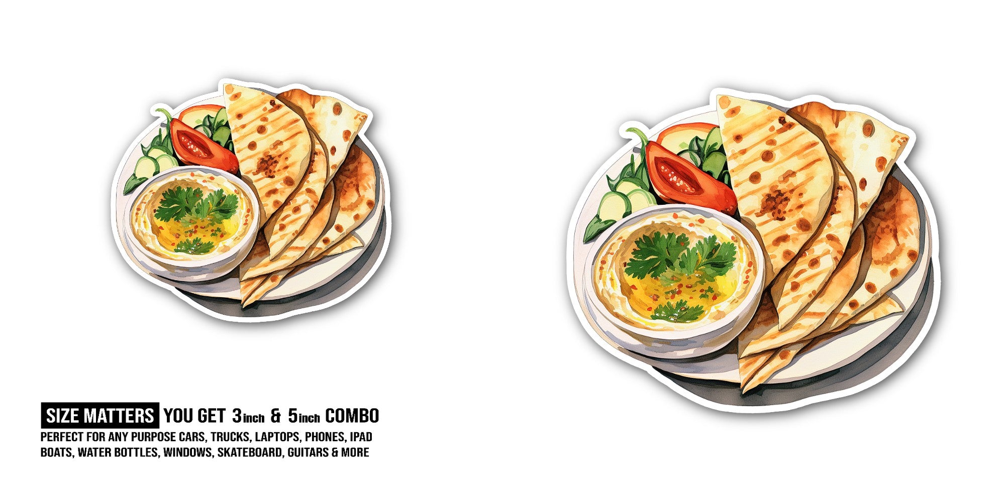 Hummus & Pita Plate Sticker, Waterproof Vinyl Decal Sticker Indoor Or Outdoor 2 (Pieces) 3" and 5"